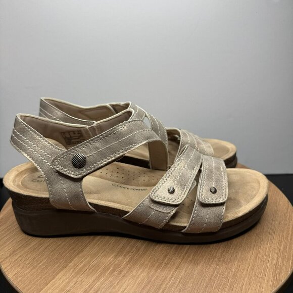 Clarks Calenne Clara Bronze Beige Metallic Strappy Sandals Cork‎ Wedge Size 8 - Picture 1 of 7